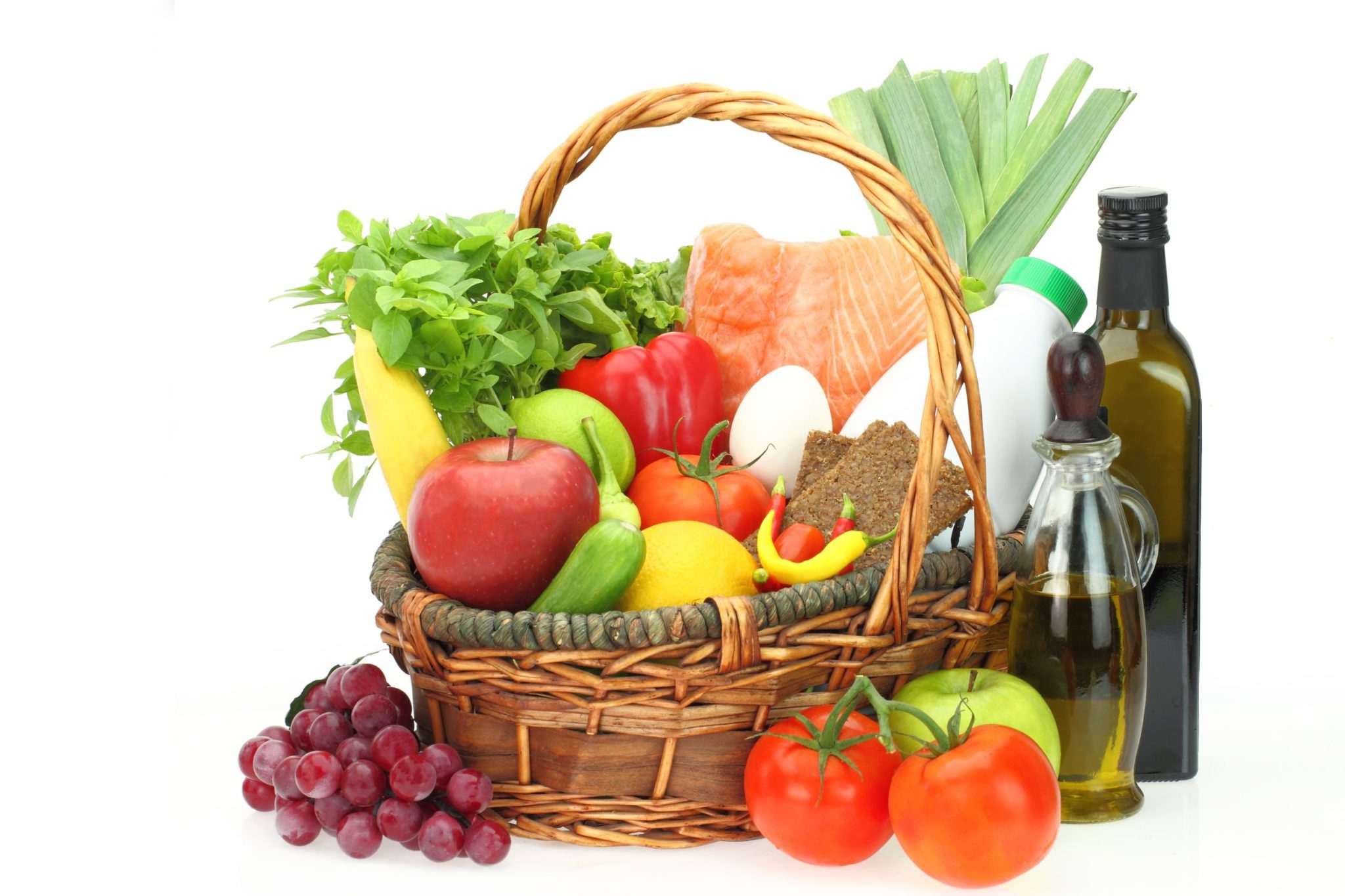 basket full with different nutritious foods