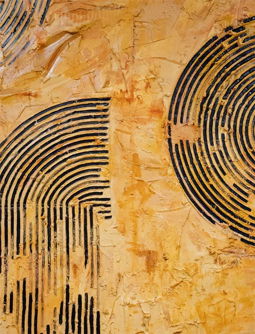 Abstract yellow textured painting featuring black concentric semi-circle patterns.