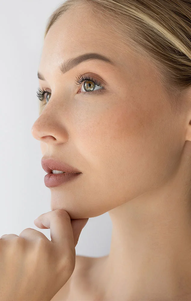 A side profile of a woman with her hand touching her jawline against a white background. - Jowl Treatment in Charlotte, NC